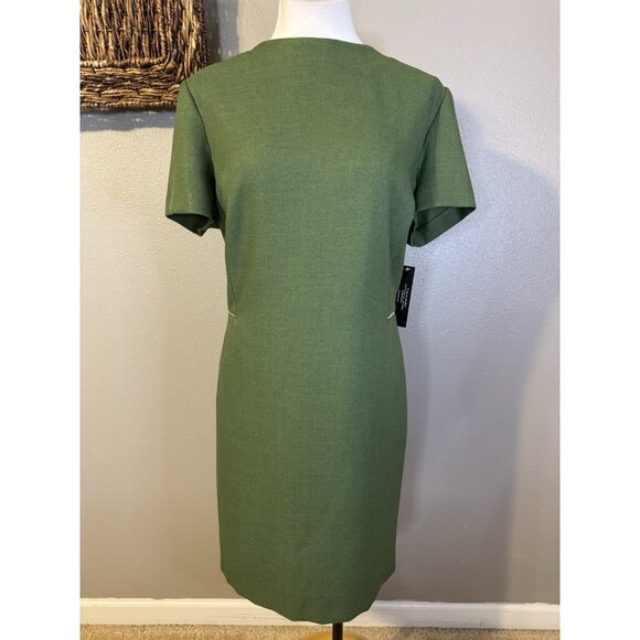 Tahari Dress 18 Green Mock Neck Gold Zipper Trim Short Sleeve Career Church NEW - Picture 2 of 11
